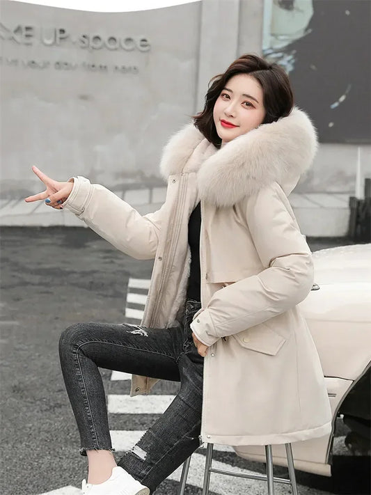 Women's Belted Fur-Hooded Winter Parka