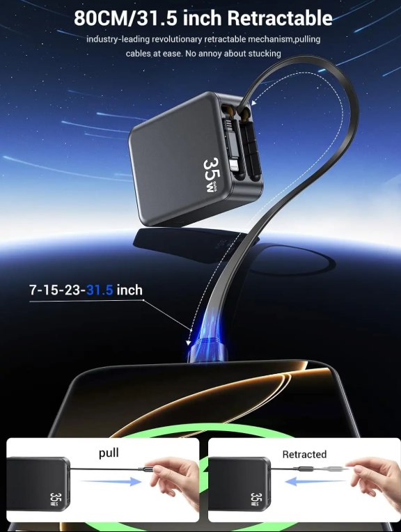 35W GaN Travel Charger with Retractable Cables