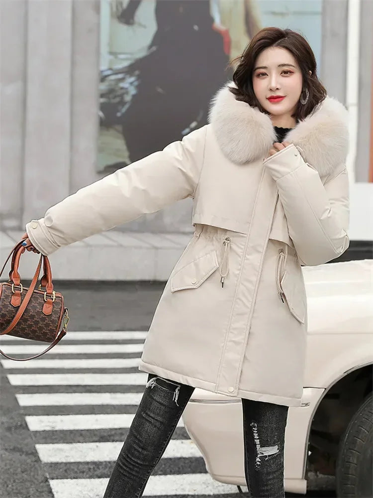 Women's Belted Fur-Hooded Winter Parka