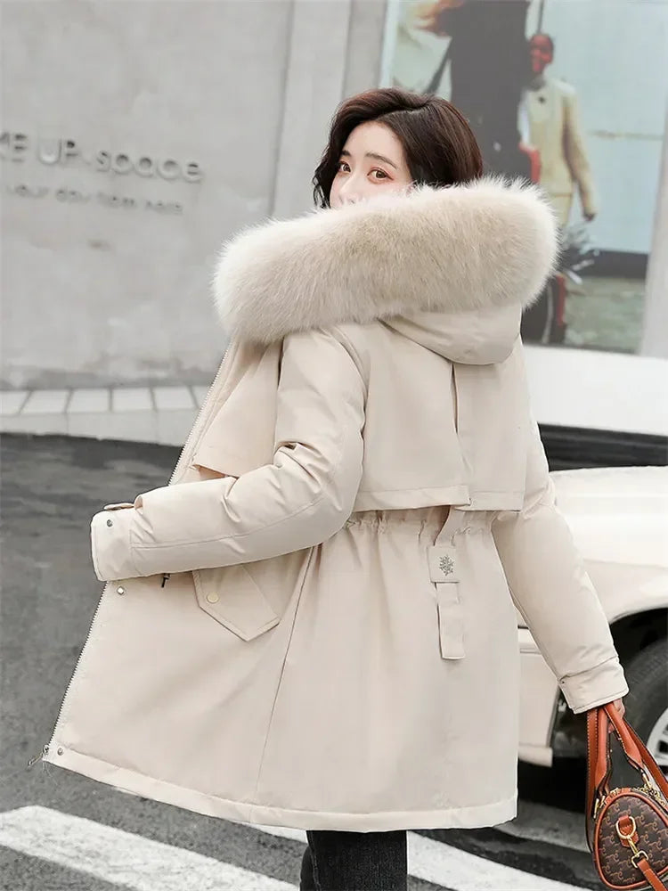 Women's Belted Fur-Hooded Winter Parka