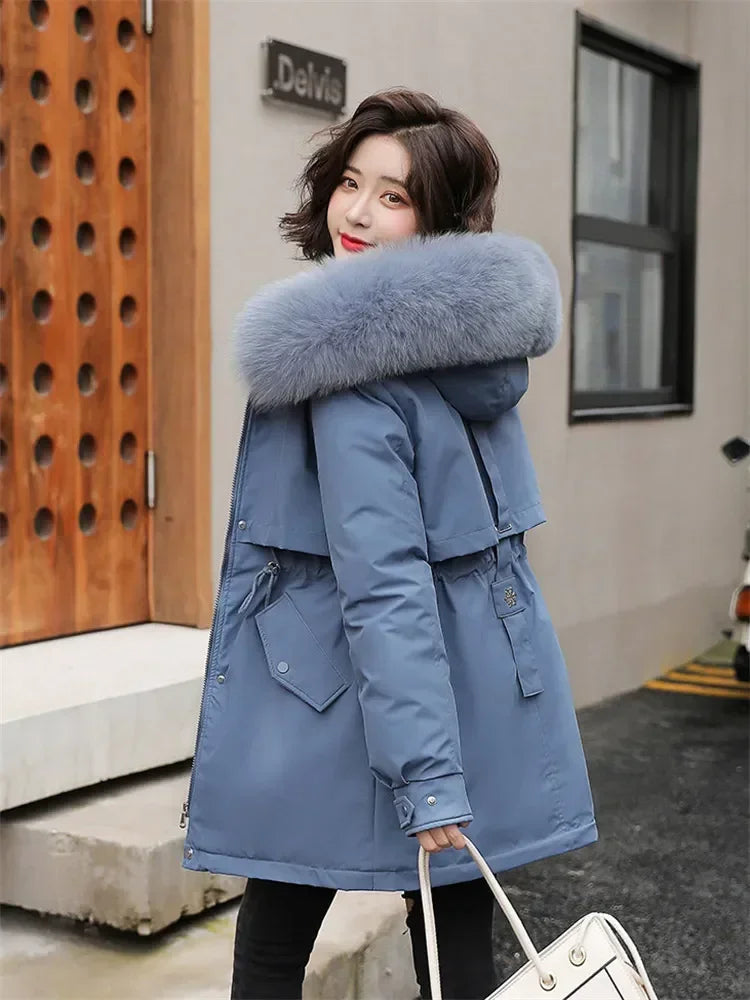 Women's Belted Fur-Hooded Winter Parka