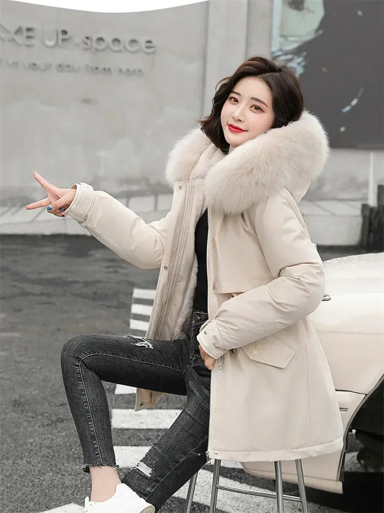 Women's Belted Fur-Hooded Winter Parka