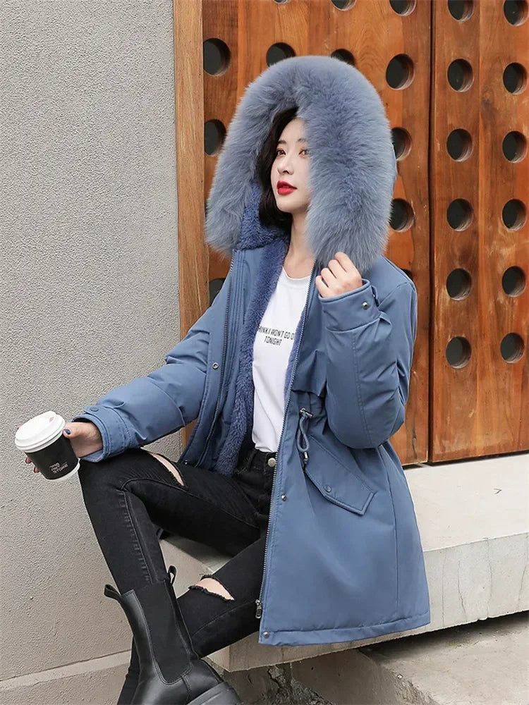 Women's Belted Fur-Hooded Winter Parka